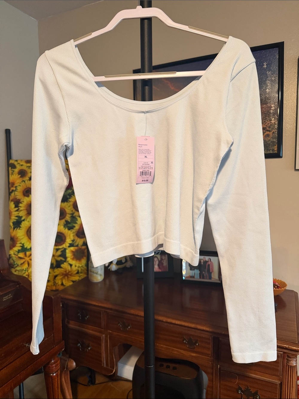 wild fable Stretchy, Light Blue Ribbed Scoop-Neck Long Sleeve Top